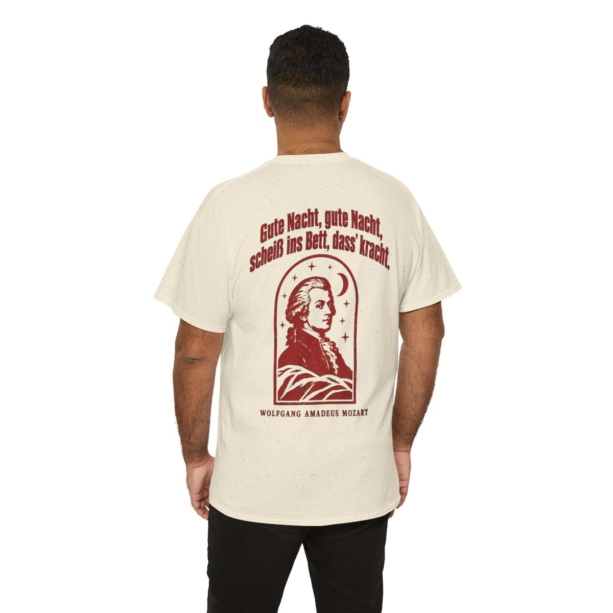 Unisex T-Shirt mit Zitat - Mozart - Gute Nacht, gute Nacht Vintage (Druck hinten) – person-6-back