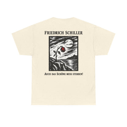 Unisex T-Shirt mit Zitat - Schiller - Auch das Schöne muss sterben Holzschnitt (Druck hinten) – back