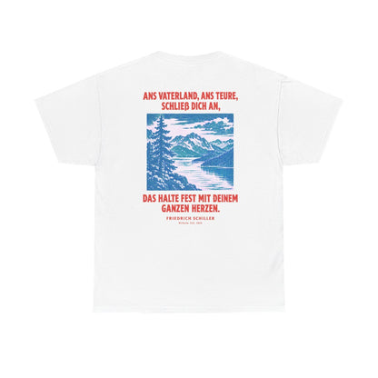 Unisex T-Shirt mit Zitat - Schiller - Ans Vaterland, ans teure, schließ dich an (Druck hinten) – back