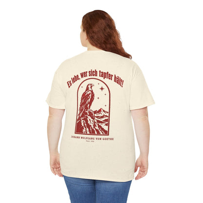 Unisex T-Shirt mit Zitat - Goethe - Es lebe, wer sich tapfer hält Vintage (Druck hinten) – person-5-back
