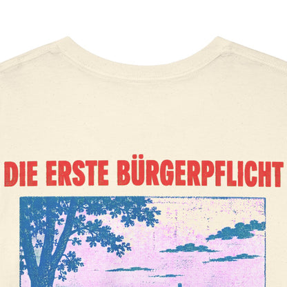 Unisex T-Shirt mit Zitat - Preußen - Die erste Bürgerpflicht (Druck hinten) – back-collar-closeup