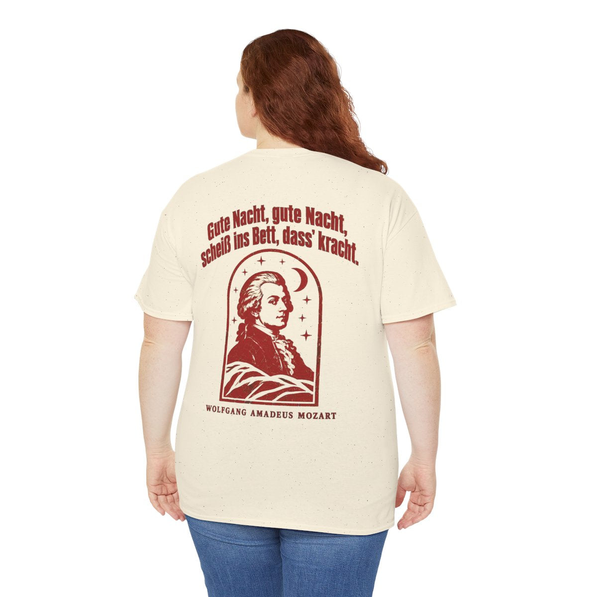 Unisex T-Shirt mit Zitat - Mozart - Gute Nacht, gute Nacht Vintage (Druck hinten) – person-5-back