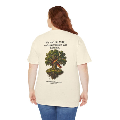 Unisex T-Shirt mit Zitat - Schiller - Wir sind ein Volk (Druck hinten) – person-5-back
