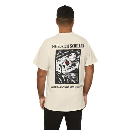 Unisex T-Shirt mit Zitat - Schiller - Auch das Schöne muss sterben Holzschnitt (Druck hinten) – person-6-back