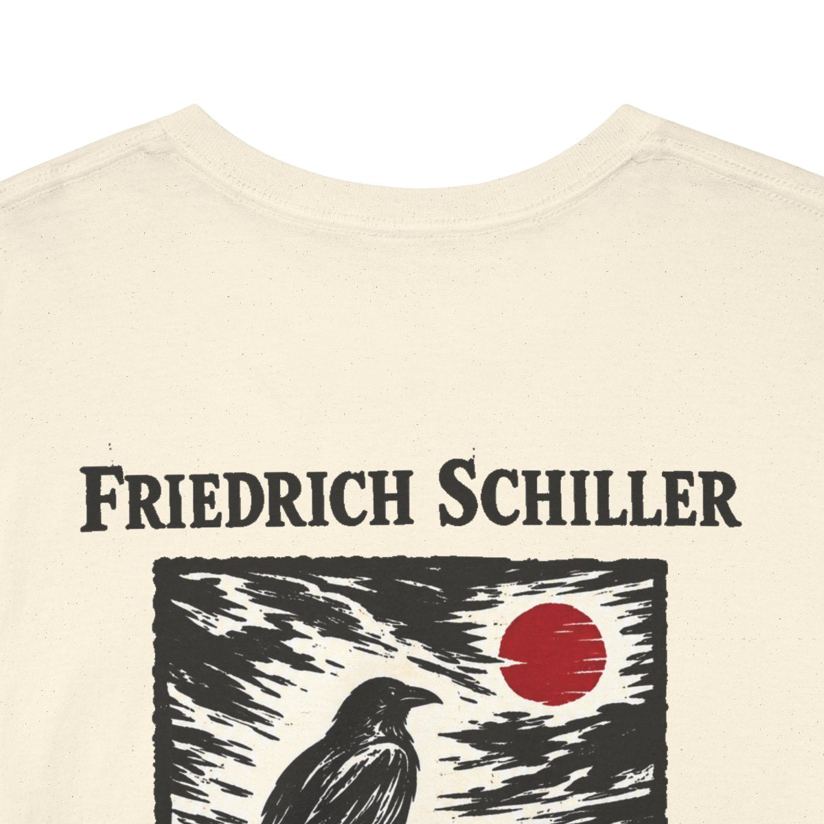 Unisex T-Shirt mit Zitat - Schiller - Ich bin mein Himmel und meine Hölle Holzschnitt (Druck hinten) – back-collar-closeup