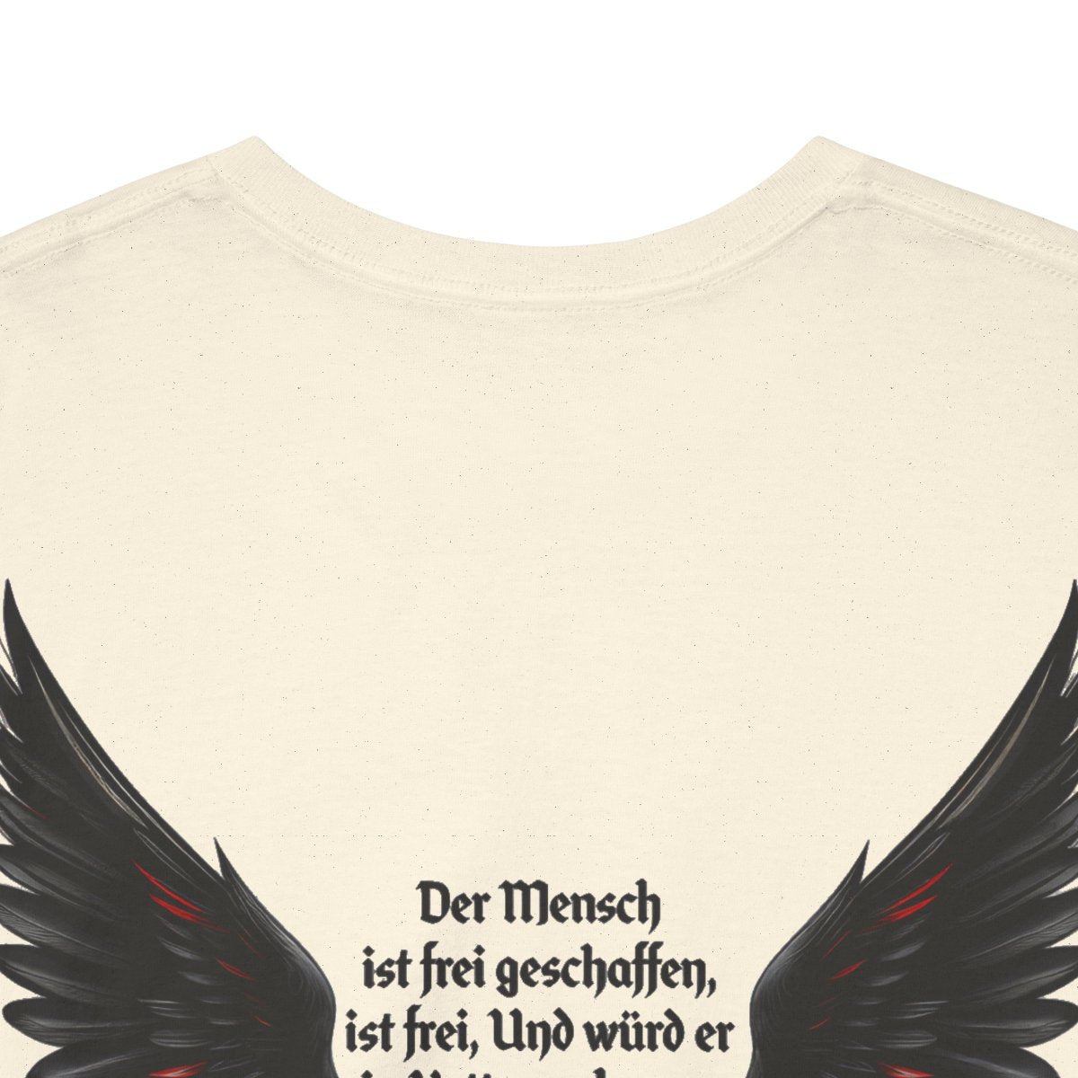 Unisex T-Shirt mit Zitat - Schiller - Der Mensch ist frei (Druck hinten) – back-collar-closeup