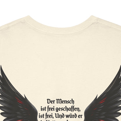 Unisex T-Shirt mit Zitat - Schiller - Der Mensch ist frei (Druck hinten) – back-collar-closeup