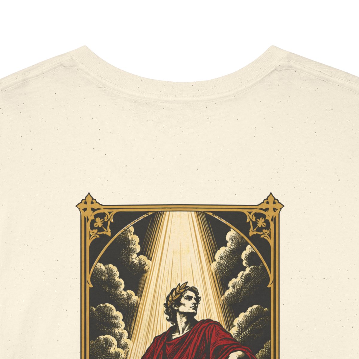 Unisex T-Shirt mit Zitat - Börne - Das Geheimnis jeder Macht besteht (Druck hinten) – back-collar-closeup