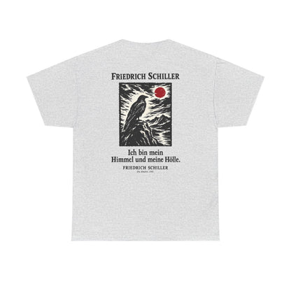 Unisex T-Shirt mit Zitat - Schiller - Ich bin mein Himmel und meine Hölle Holzschnitt (Druck hinten) – back