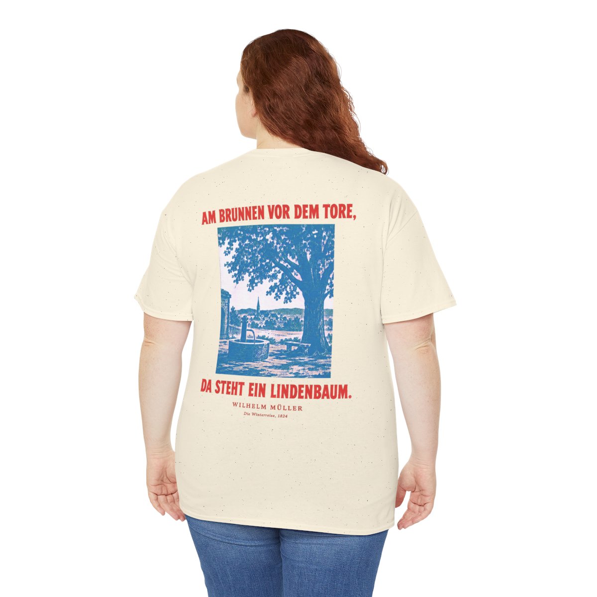 Unisex T-Shirt mit Zitat - Müller - Am Brunnen vor dem Tore Plakat (Druck hinten) – person-5-back