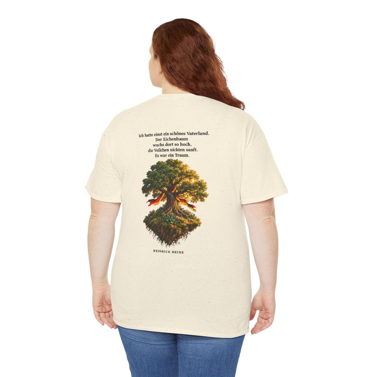 Unisex T-Shirt mit Zitat - Heine - Schönes Vaterland Eiche (Druck hinten) – person-5-back