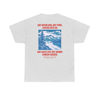 Unisex T-Shirt mit Zitat - Schiller - Ans Vaterland, ans teure, schließ dich an (Druck hinten) – back
