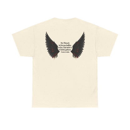 Unisex T-Shirt mit Zitat - Schiller - Der Mensch ist frei (Druck hinten) – back