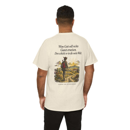Unisex T-Shirt mit Zitat - Eichendorff - In die weite Welt (Druck hinten) – person-6-back