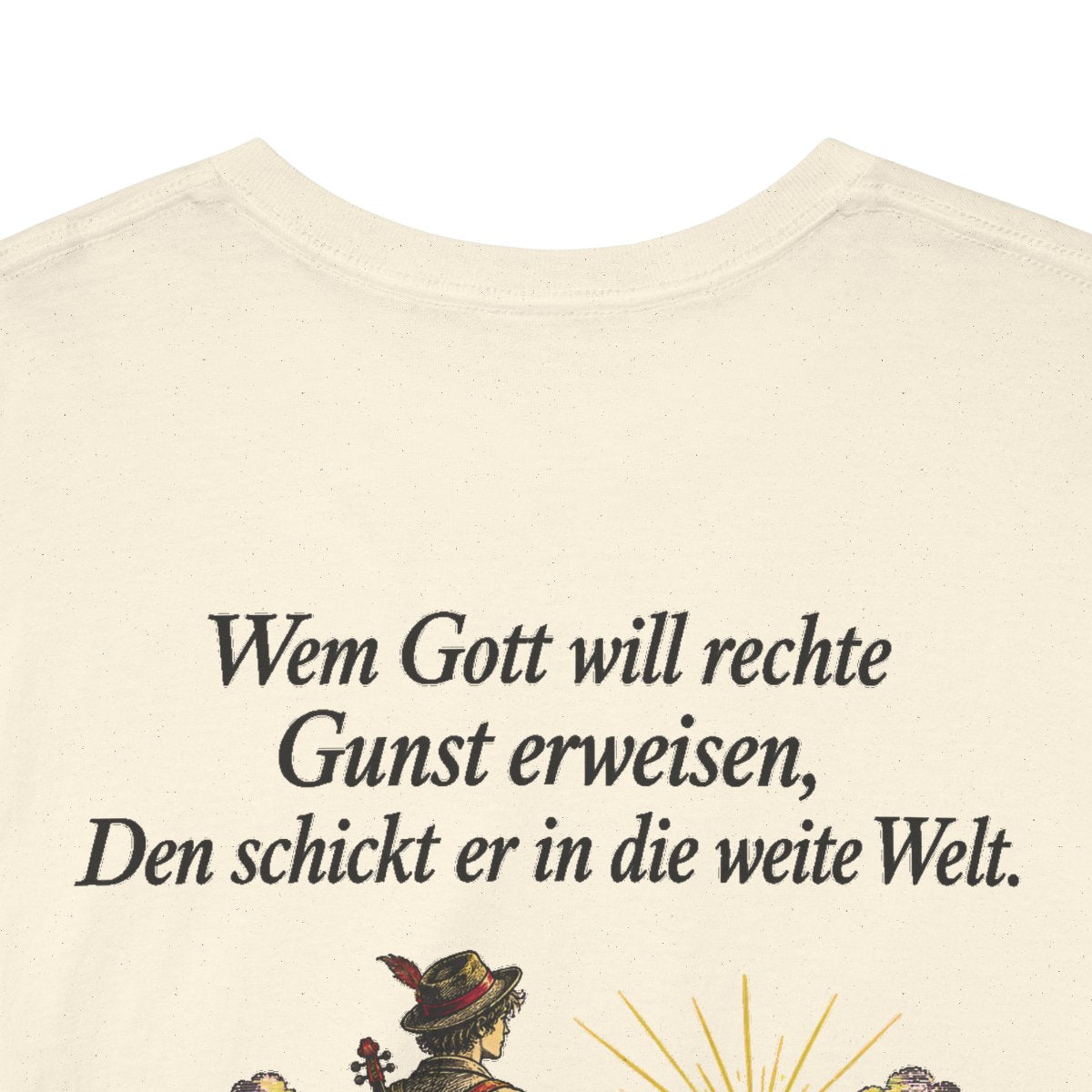Unisex T-Shirt mit Zitat - Eichendorff - In die weite Welt (Druck hinten) – back-collar-closeup