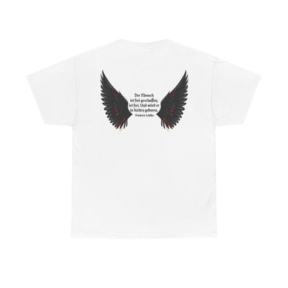 Unisex T-Shirt mit Zitat - Schiller - Der Mensch ist frei (Druck hinten) – back