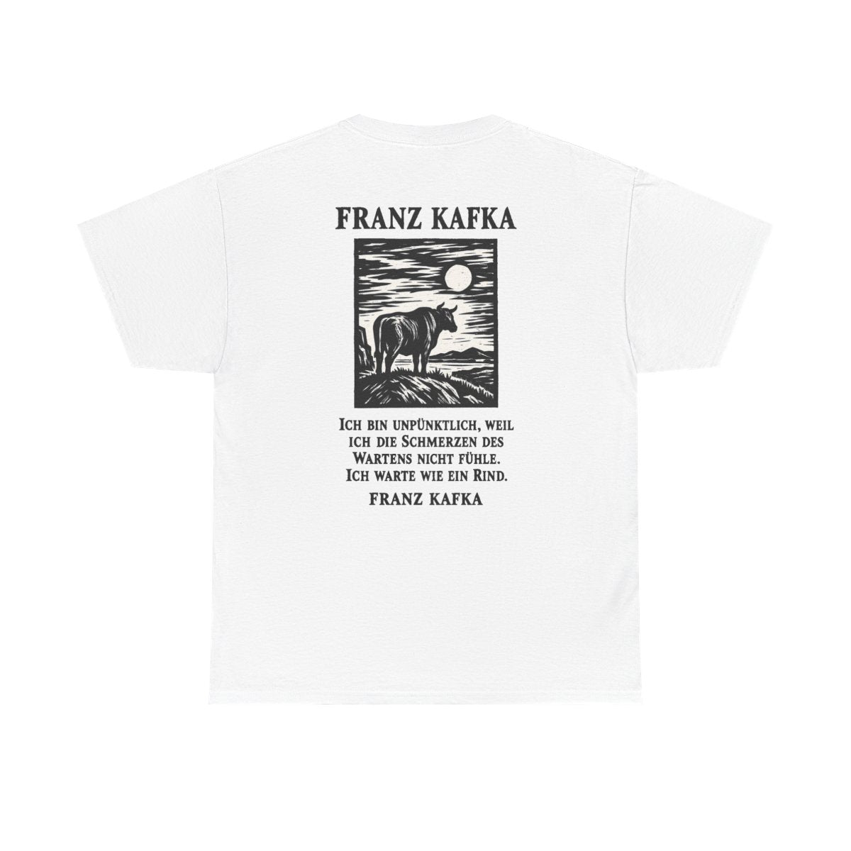 Unisex T-Shirt mit Zitat - Kafka - Ich bin unpünktlich (Druck hinten) – back