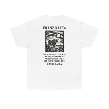 Unisex T-Shirt mit Zitat - Kafka - Ich bin unpünktlich (Druck hinten) – back