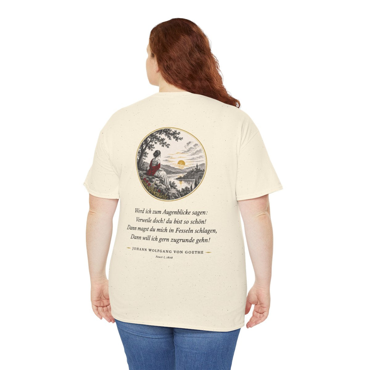 Unisex T-Shirt mit Zitat - Goethe - Werd ich zum Augenblicke sagen (Druck hinten) – person-5-back