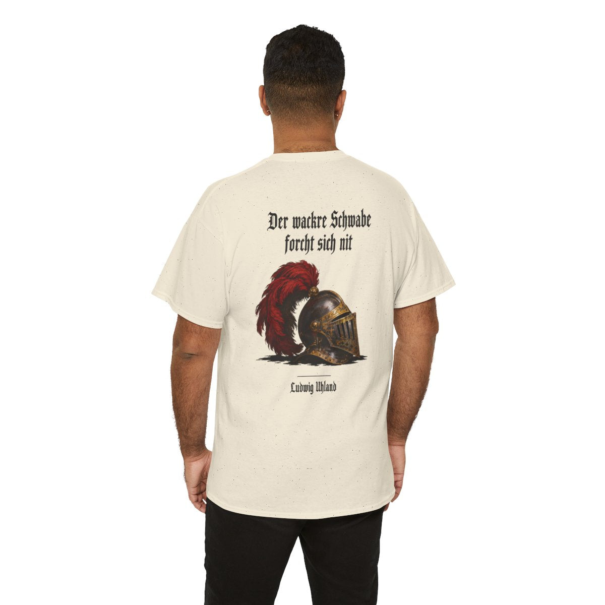 Unisex T-Shirt mit Zitat - Uhland - Der wackre Schwabe (Druck hinten) – person-6-back