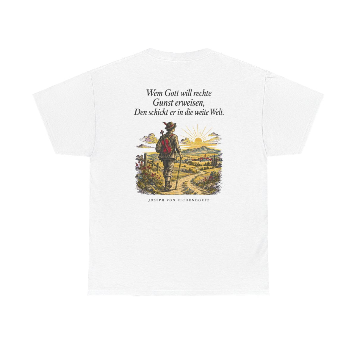 Unisex T-Shirt mit Zitat - Eichendorff - In die weite Welt (Druck hinten) – back