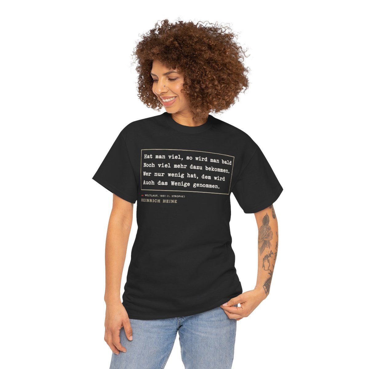 Unisex T-Shirt mit Zitat - Heine - Hat man viel, so wird man bald – person-1