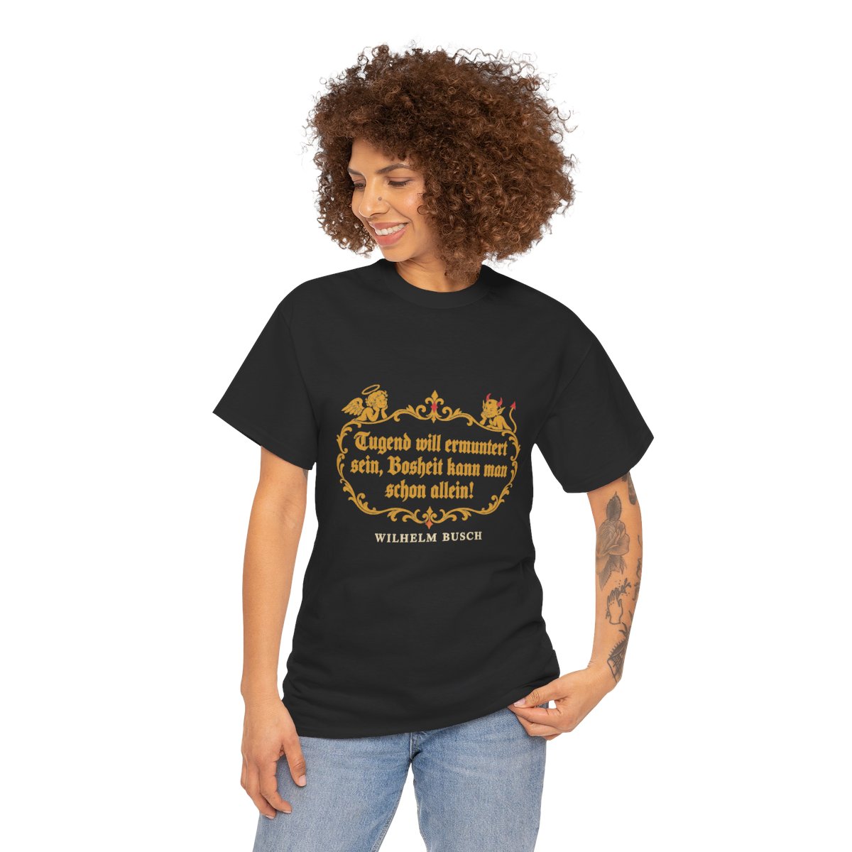Unisex T-Shirt mit Zitat - Busch - Tugend und Bosheit – person-1