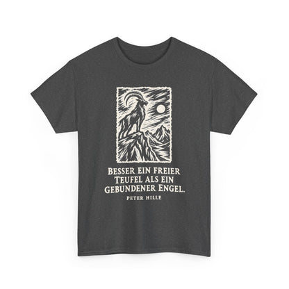 Unisex T-Shirt mit Zitat - Hille - Besser ein freier Teufel Holzschnitt – front-2