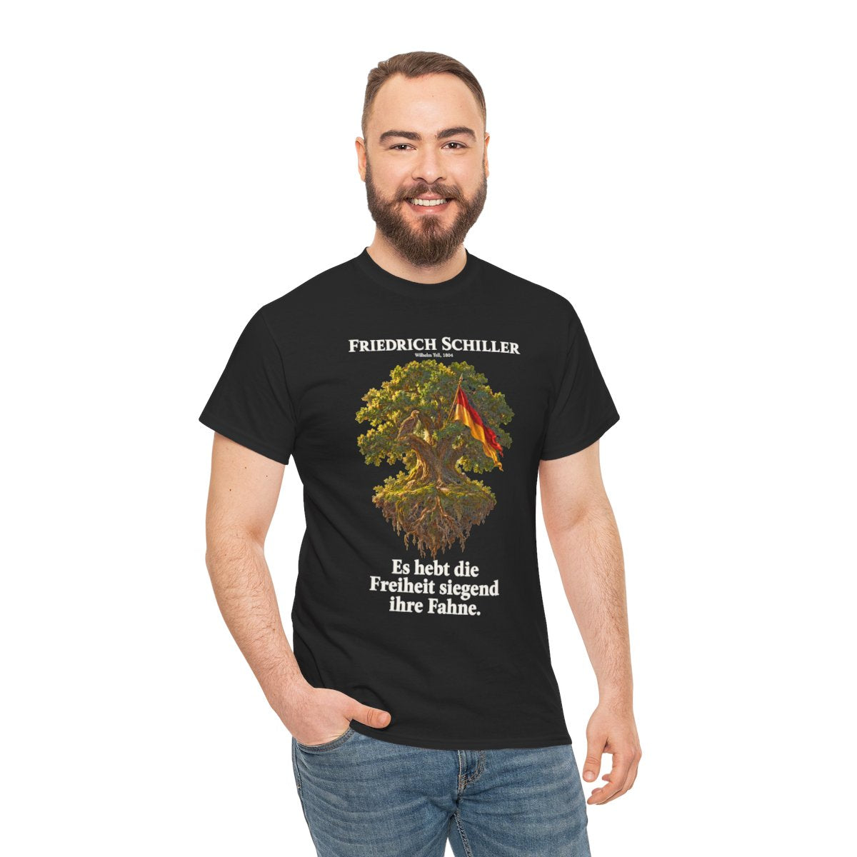 Unisex T-Shirt mit Zitat - Schiller - Es hebt die Freiheit siegend ihre Fahne – person-3