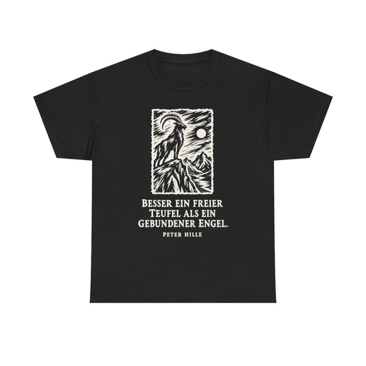 Unisex T-Shirt mit Zitat - Hille - Besser ein freier Teufel Holzschnitt – front