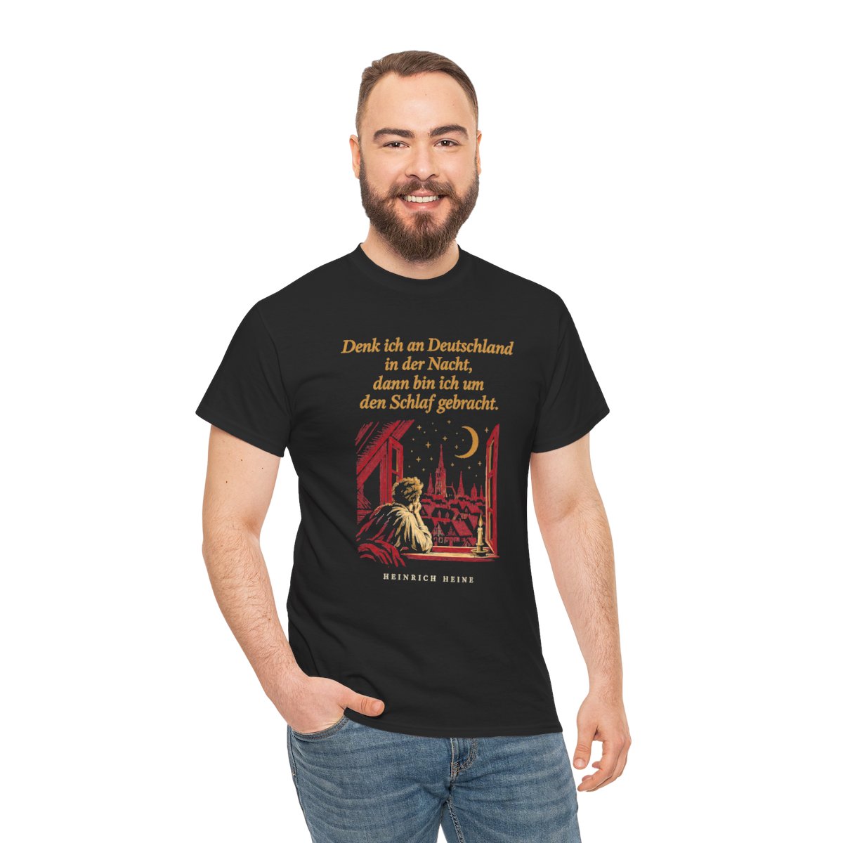 Unisex T-Shirt mit Zitat - Heine - Denk ich an Deutschland Nachtfenster – person-3