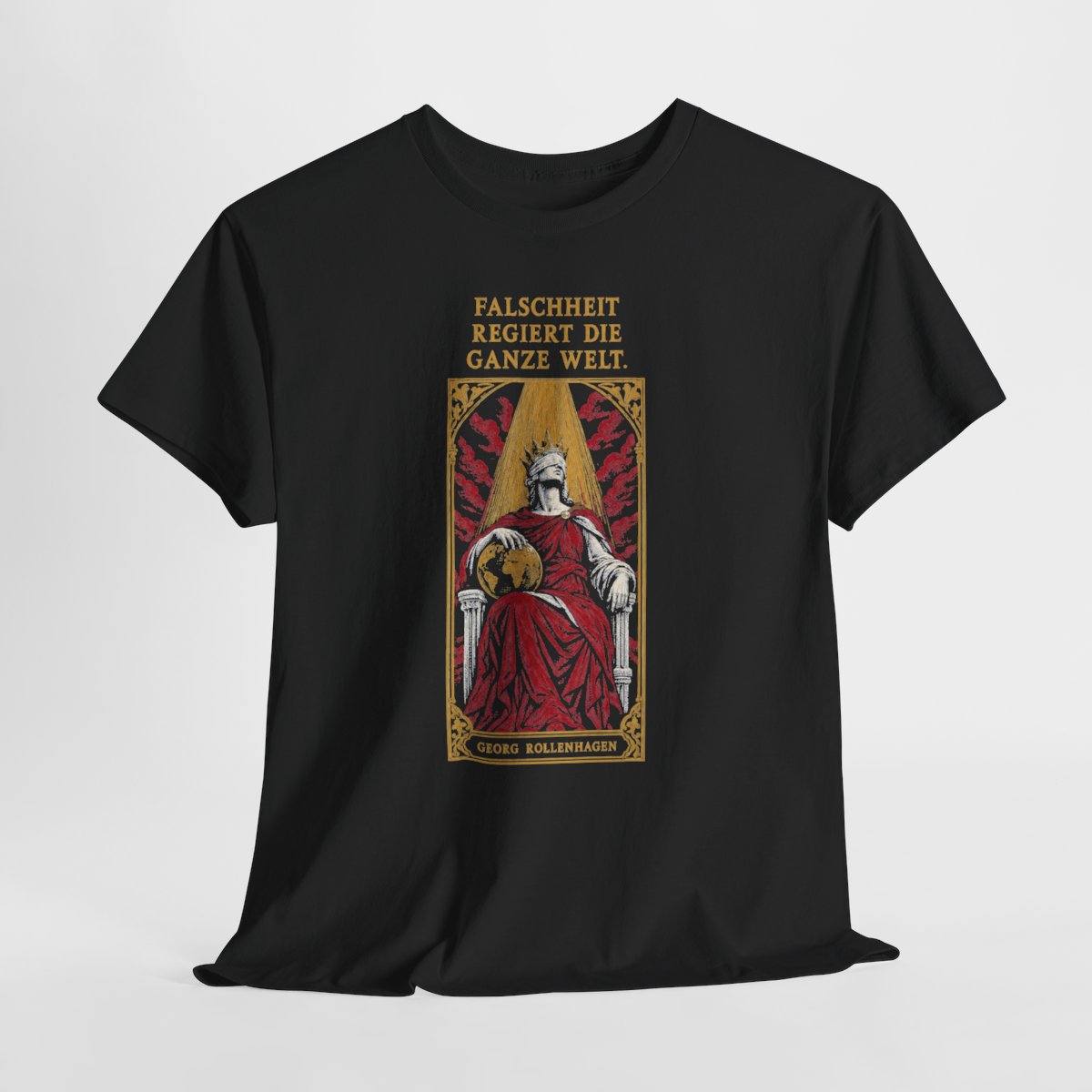 Unisex T-Shirt mit Zitat - Rollenhagen - Falschheit regiert die ganze Welt – hanging-1