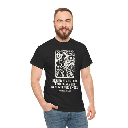 Unisex T-Shirt mit Zitat - Hille - Besser ein freier Teufel Holzschnitt – person-3