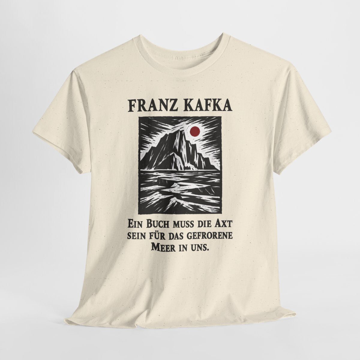 Unisex T-Shirt mit Zitat - Kafka - Ein Buch muss die Axt Holzschnitt – hanging-1