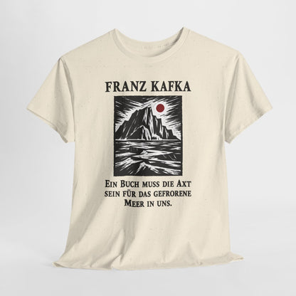 Unisex T-Shirt mit Zitat - Kafka - Ein Buch muss die Axt Holzschnitt – hanging-1