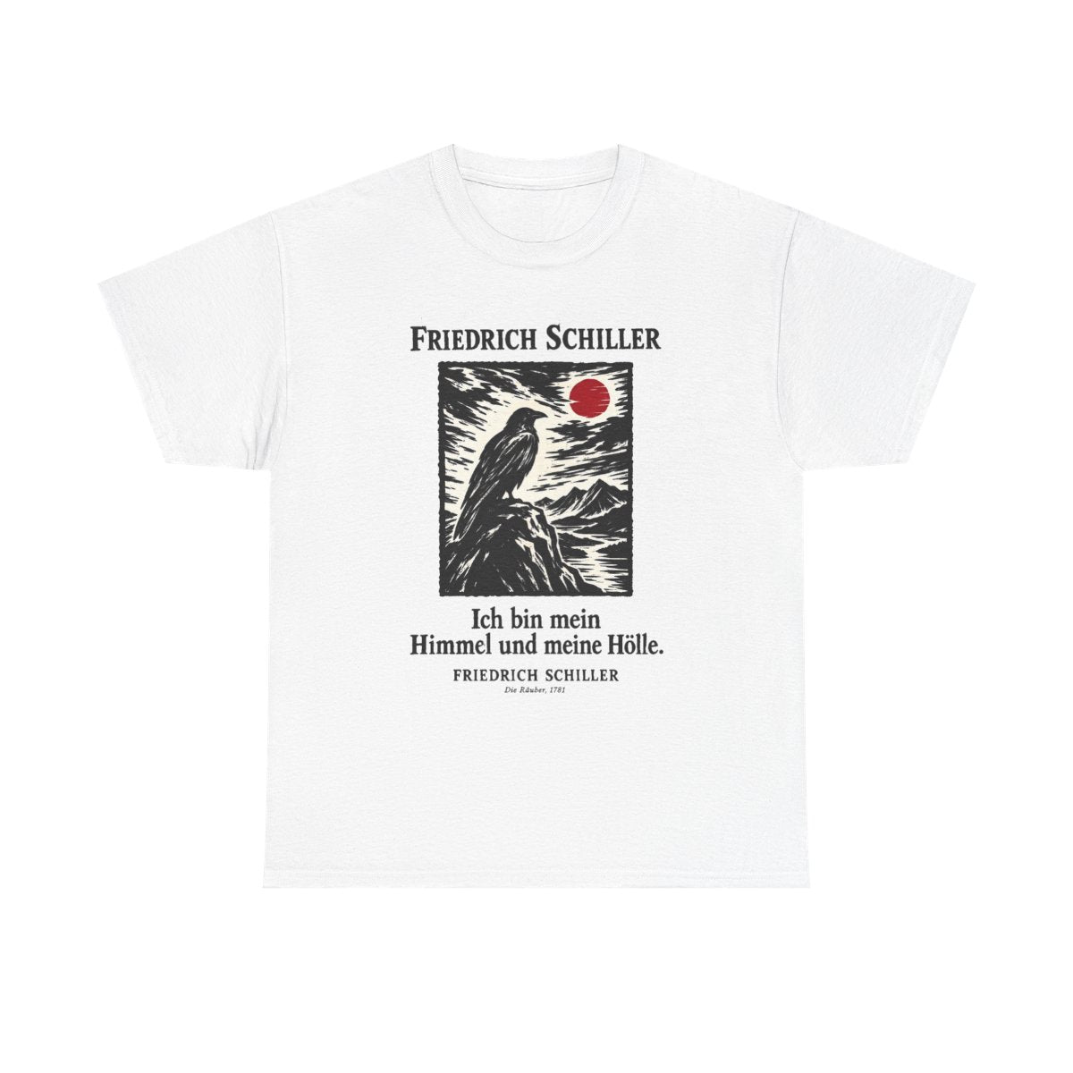 Unisex T-Shirt mit Zitat - Schiller - Ich bin mein Himmel und meine Hölle Holzschnitt – front