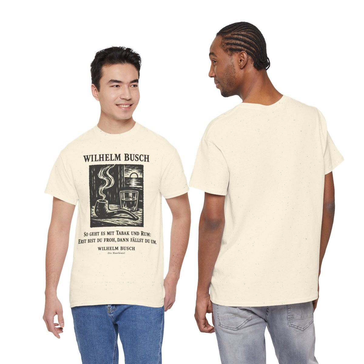 Unisex T-Shirt mit Zitat - Busch - So geht es mit Tabak und Rum Holzschnitt – duo