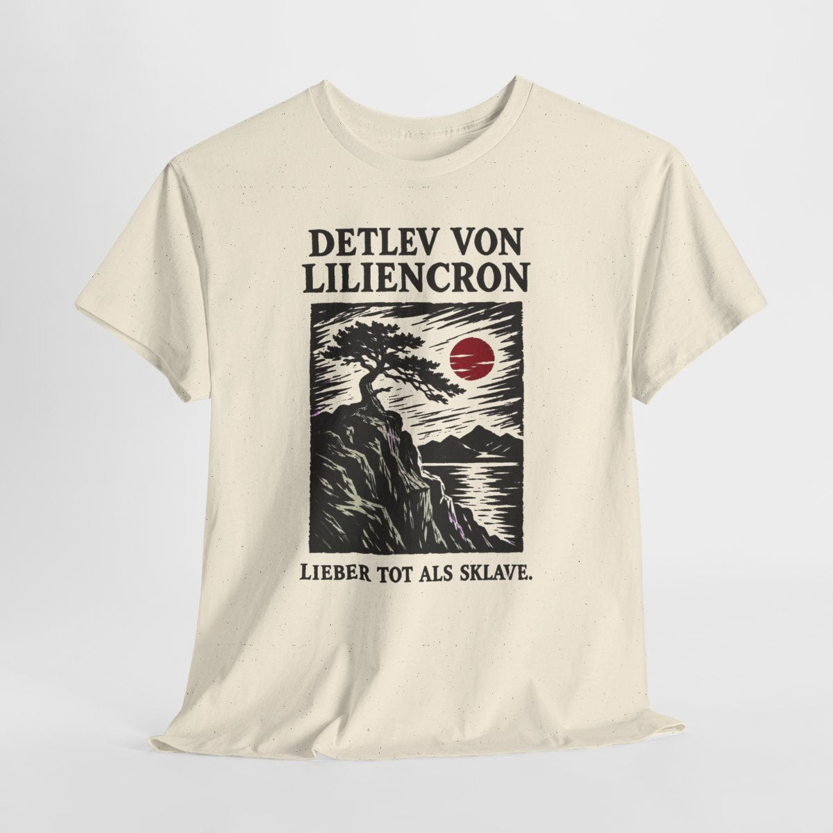 Unisex T-Shirt mit Zitat - Liliencron - Lieber tot als Sklave Holzschnitt – hanging-1
