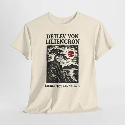 Unisex T-Shirt mit Zitat - Liliencron - Lieber tot als Sklave Holzschnitt – hanging-1