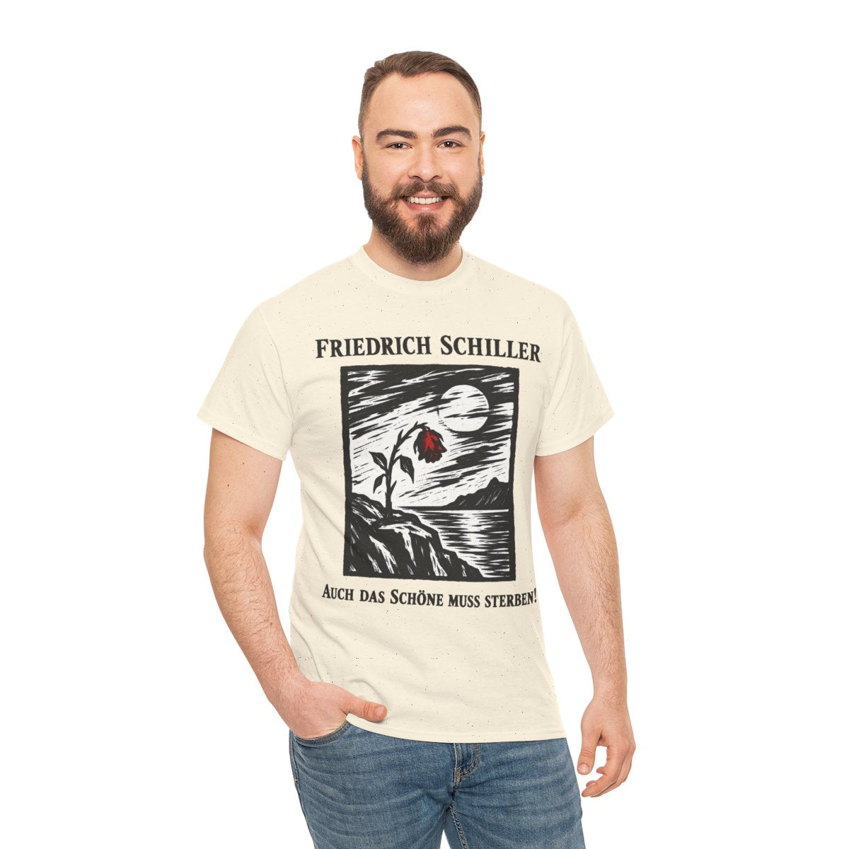 Unisex T-Shirt mit Zitat - Schiller - Auch das Schöne muss sterben Holzschnitt – person-3