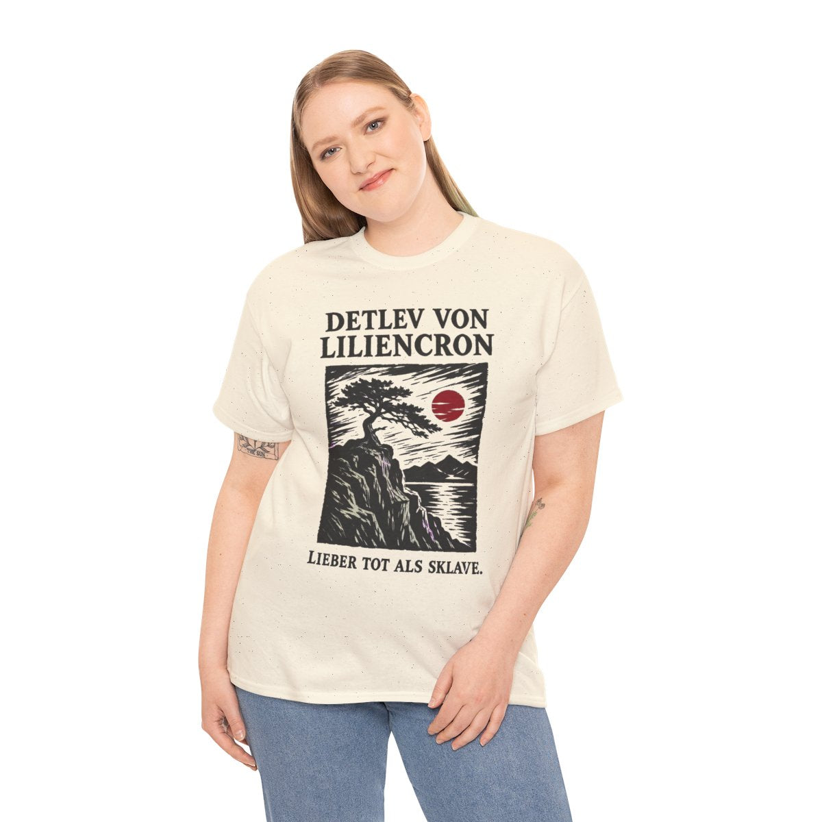 Unisex T-Shirt mit Zitat - Liliencron - Lieber tot als Sklave Holzschnitt – person-2