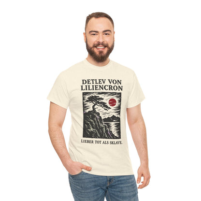 Unisex T-Shirt mit Zitat - Liliencron - Lieber tot als Sklave Holzschnitt – person-3