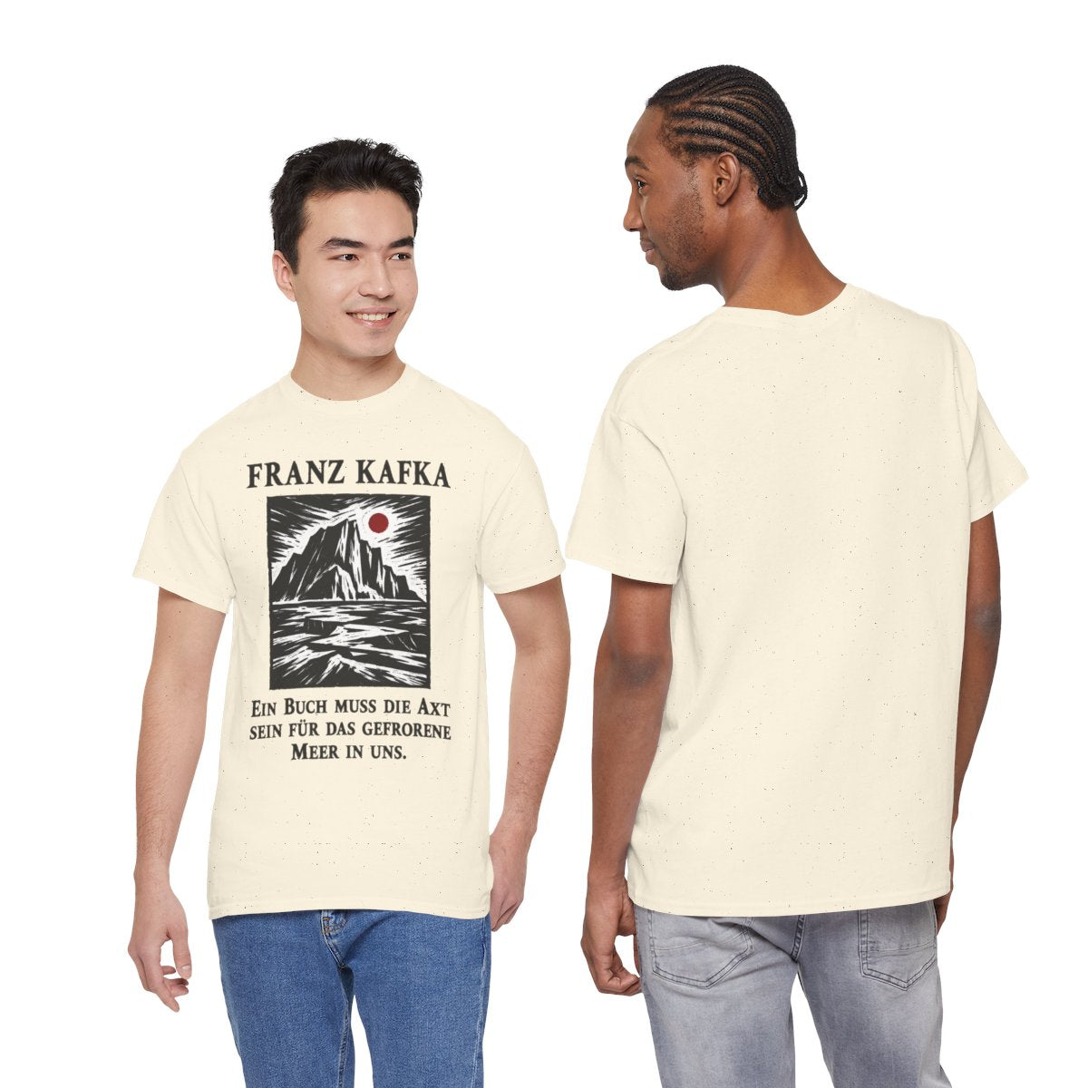 Unisex T-Shirt mit Zitat - Kafka - Ein Buch muss die Axt Holzschnitt – duo