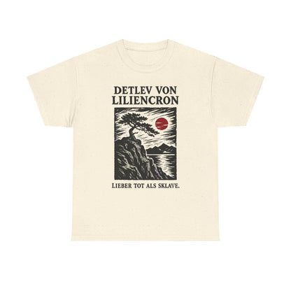 Unisex T-Shirt mit Zitat - Liliencron - Lieber tot als Sklave Holzschnitt – front