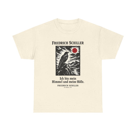Unisex T-Shirt mit Zitat - Schiller - Ich bin mein Himmel und meine Hölle Holzschnitt – front