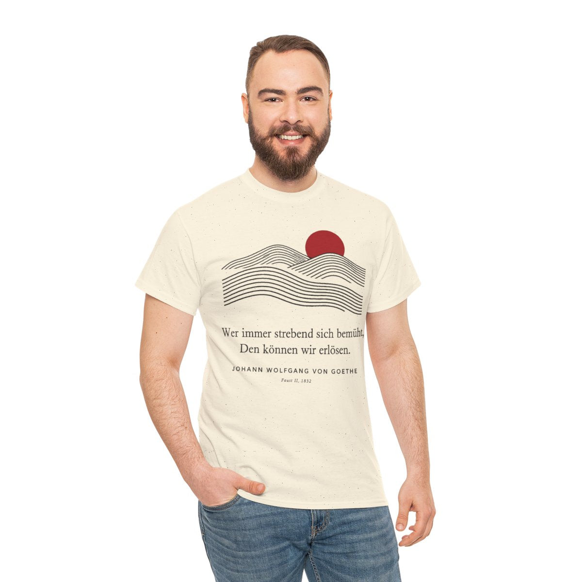 Unisex T-Shirt mit Zitat - Goethe - Wer immer strebend sich bemüht Linien – person-3