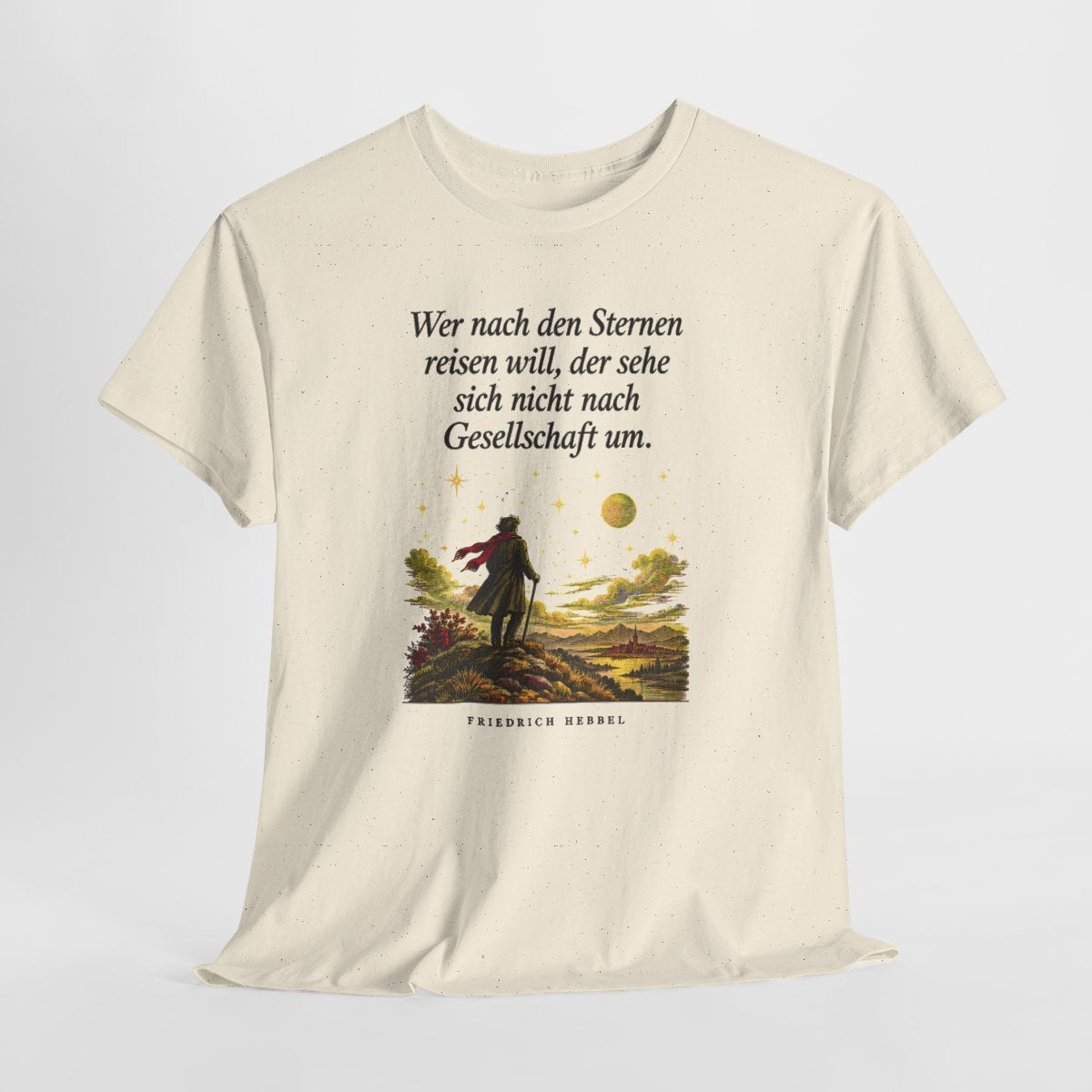 Unisex T-Shirt mit Zitat - Hebbel - Nach den Sternen reisen – hanging-1