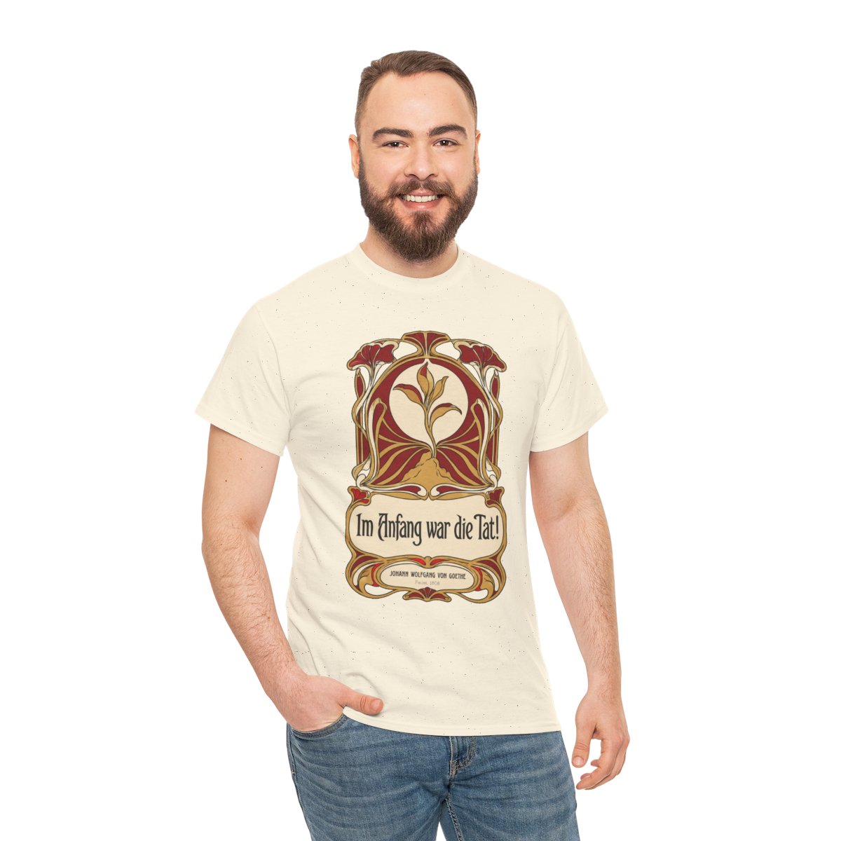 Unisex T-Shirt mit Zitat - Goethe - Im Anfang war die Tat Jugendstil – person-3