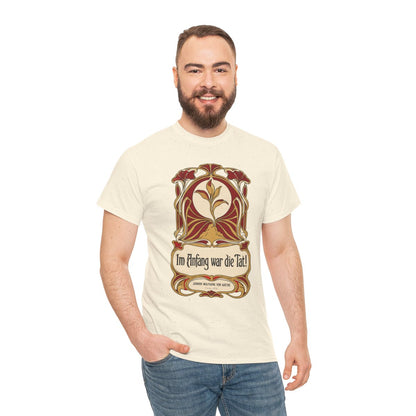 Unisex T-Shirt mit Zitat - Goethe - Im Anfang war die Tat Jugendstil – person-3